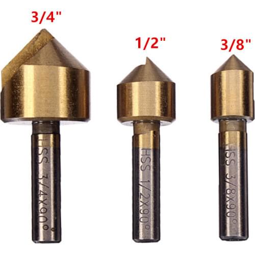 3Pcs Single Flute 90 Degree Edge Chamfer 3/8 1/2 3/4 Inch High Carbon Steel Titanium Coated Countersink Drill Bit