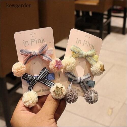 Kewgarden Stripe Ribbons Bowknot Cute Gauze Ball Barrettes Hairpins Hairclips Girls Side Clips Headwear Hair Accessories 5 Pcs