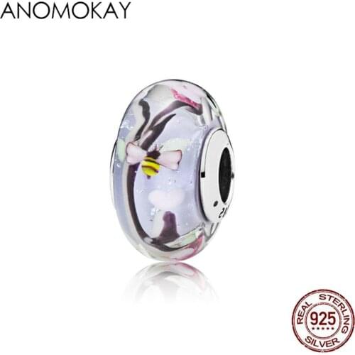 ANOMOKAY 100% Sterling 925 Silver Spring Series Butterfly Murano Chrams Beads fit Original Bracelet Bangles Jewelry