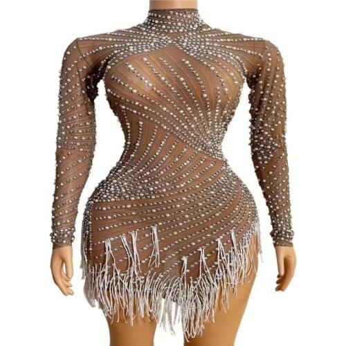 H170 Party Modern Fashion Performance Bodysuit Tight Model Singer Diamond Pears Tassels Nightclub Costume Wear Women Pole-Dancer