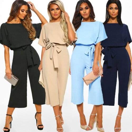 Elegant Short Sleeve O Neck Bandage Jumpsuits 2021 Summer Straight Womens Overalls Office Ladies Casual Wide Leg Jumpsuit Women