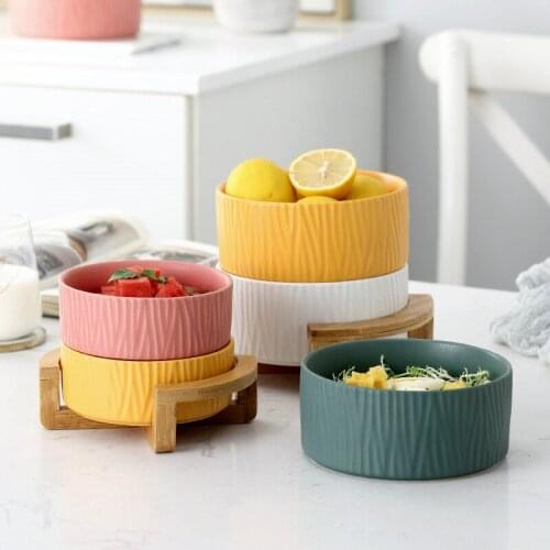 Nordic Tree Pattern Creative Fruit Salad Dessert Bowl Home Tableware With Wooden Holder Ceramic Simple Soup Bowl for Party Gift