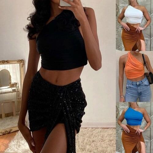 One Shoulder Crop Top Women Sexy Sleeveless Ruched Tank Top Summer White Black Blue Orange Plain Short Tanks Camis