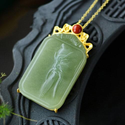 Natural Hetian Jade Green Jade Guan Yu Pendant S925 Sterling Silver Pendant Simple Fashion Lucky Pendant Clavicle Chain Jewelry