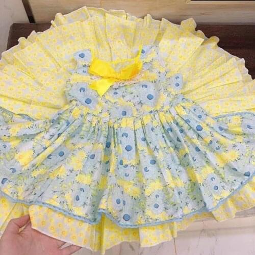 Summer Spanish Princess Lolita Sunflower Yellow Flowers Bow Sleeveless Ball Gown Dress For Baby Girls Birthday Party Easter Cute