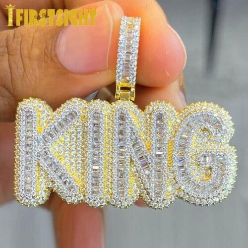 New Iced Out Bling Letters KING Pendant Necklaces Two Tone Gold Color 5A Zircon The King Charm Necklaces Mens Hip Hop Jewelry
