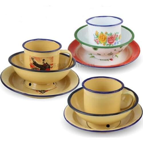 Three piece set of enamel bowl, plate, cup and tableware, retro bowl, dish, set
