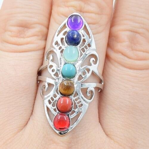 New 7 Chakra Stone Bead Finger Rings Reiki Healing Point Charm Adjustable Yoga Hollow Metal Flower Women Ring Jewelry Party Gift
