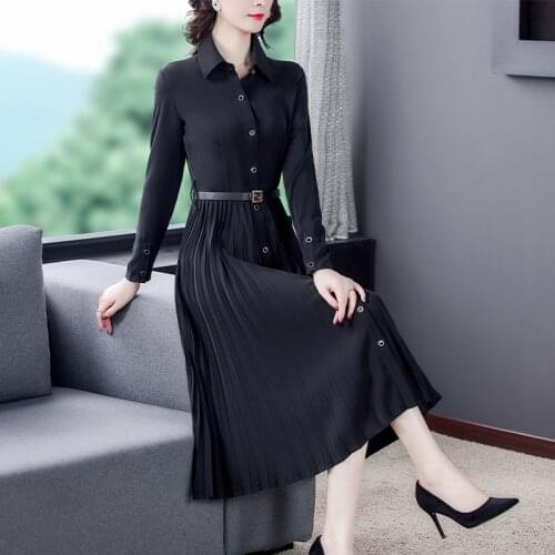 Autumn Vintage Black Classic Midi Pleated Dresses 2020 Spring Casual Plus Size Long Sleeve Dress Elegant Bodycon Women Vestidos