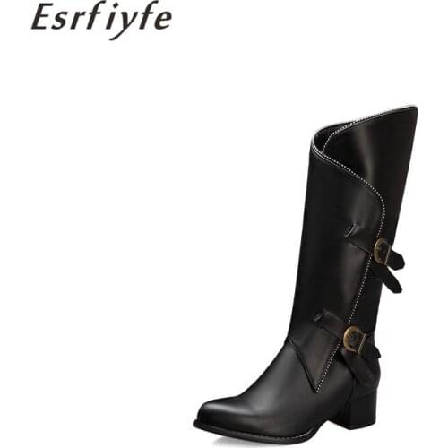 ESRFIYFE Plus Size 35-46 Women Knee High Boots Round Toe Side Zip Square Heels Knight Boots Buckle Winter Warm Women Footwear