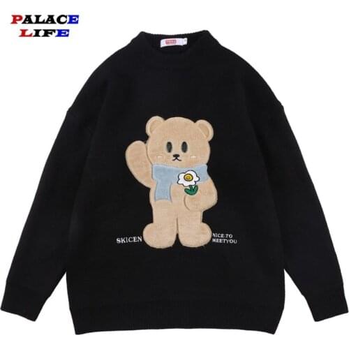 Sweater Men Korean Style Cute Bear Flocking Knitted Pullover Couple Loose Hipster High Street Oversized 2021 Autumn Men Clothing