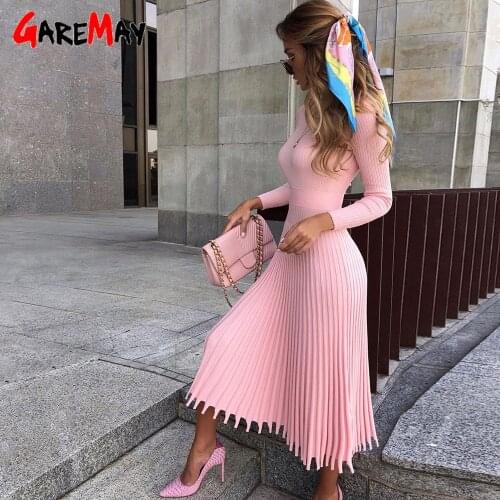Solid Striped Casual Knitted Pleated Dresses Women Spring Autumn Plus Size Long Sleeve Elegant Bodycon Female Color Sexy Dress