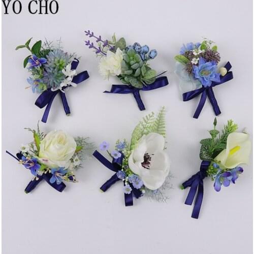 YO CHO Groomsmen Boutonniere White Blue Silk Rose Bridesmaid Wrist Corsage Calla Lily Bracelet Party Prom Wedding Corsage Flower