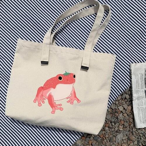 Women Aesthetic Harajuku Cute Strawberry Frog Print Tote Bag Eco Foldable Shopper Original Package Travel Shopping Canvas Bags
