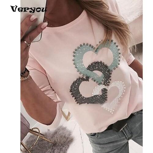 New Oversize Women Vintage Heart Print Nail The Beads O-neck Long Sleeves Loose Tops Plus Size T-shirts Womens Pink Love Tshirt