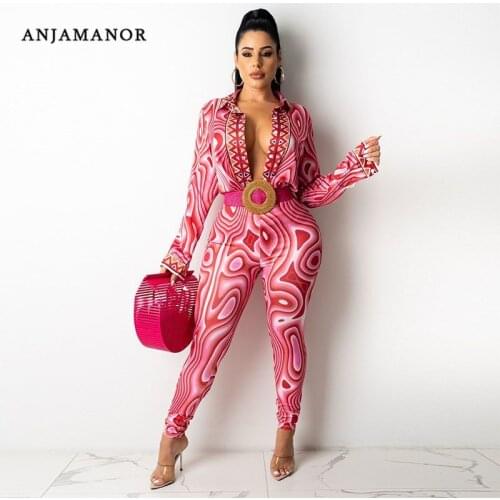 ANJAMANOR Geometric Printed 2 Piece Set Women Pants and Top Sexy Fall Outfits Clubwear Matching Sets Wholesale Items D48-ED38