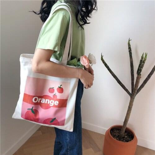 Women Canvas Shoulder Bags Fruit Orange Printing Handbags Tote Cloth Eco Reusable Shopping Bag Casual Korea Style Shopper Bags