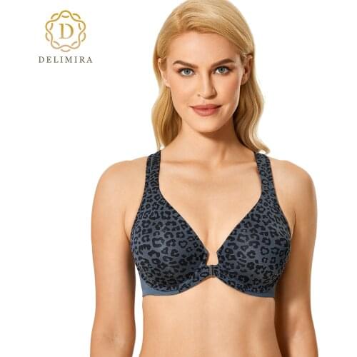 DELIMIRA Womens Underwire Support Unlined Plunge Full Coverage Racerback Front Closure Bras Leopard