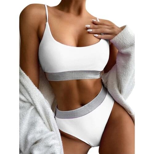 40# Swimsuit Women New High Waist Sequin Swimwear Solid Color Bikini Set High Cut Padded Push-up Bathing Suits Купальник Женский