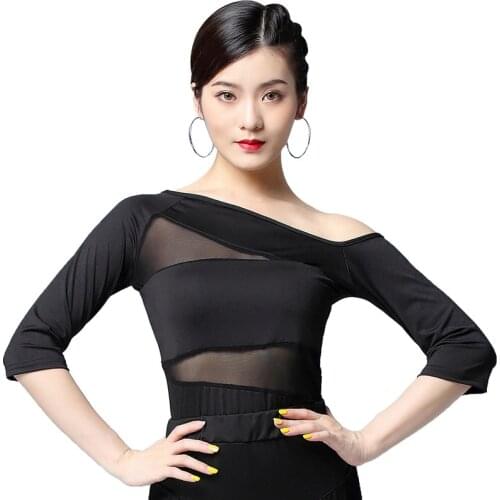 Latin Women Dance Practice Clothing Adult Oblique Shoulder Sexy Mesh Top New Profession Black Dance Performance Training Shirts