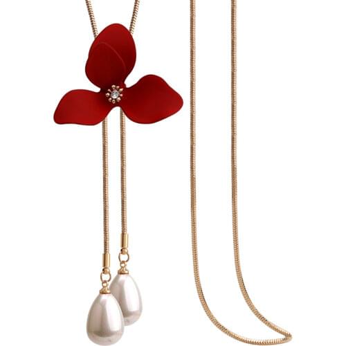 Autumn Winter Fashion Women Environmental Spary Red Flower Rose Simulated Pearl Long Necklace Statement Necklaces Sweater Chain
