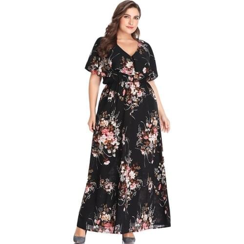 Boho Dress Long 2021 Fashion Women Summer V Neck Short Sleeve Floral Print Maxi Long Dress Plus Size Ladies Tunic Beach Dresses