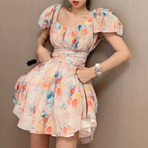New Fashion Printed Women Bud Dress Puff Sleeves Elegant Runway Show Vestido Dress Chinese Style Women Clothing