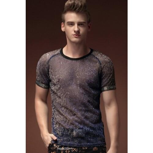 Free Shipping Summer mens male fashion casual short sleeved Large size Mens slim T-shirt personality tight see-through 15590