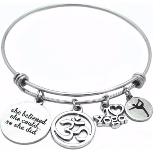 Inspiration Stainless Steel Adjustbable Wire Bangle I Love Yoga OM Jewelry DIY Charms Bracelets