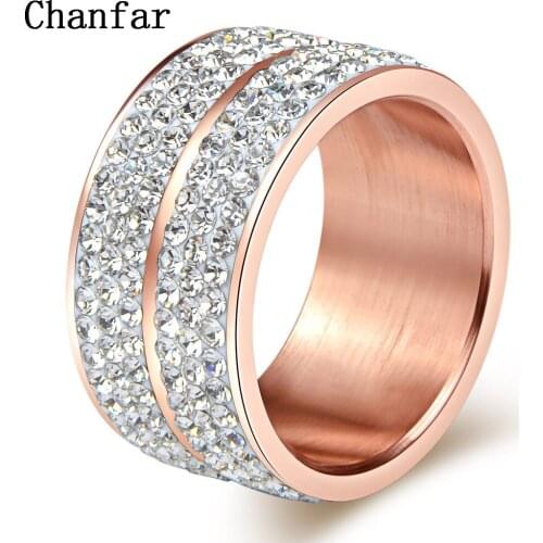 Chanfar Elegant Rhinestone Crystal Ring Rose Gold Color Wide Stainless Steel Love Rings For Women Men Engagement Jewelry