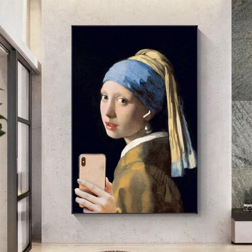 Girl With Pearl Earring Selfie By Phone Art Canvas Print Painting Funny Johannes Famous Wall Picture Living Room Home Decoration