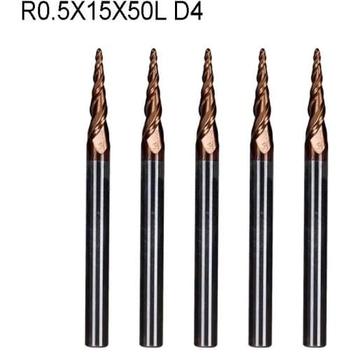 5pcs/lot R0.5*D4*15*50L*2F HRC55 Tungsten solid carbide Coated Tapered Taper Ball Nose End Mill cone type cnc milling cutter