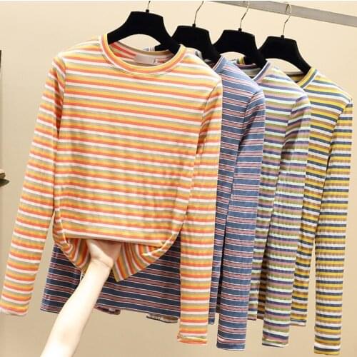 2021 Casual Rainbow Stripes Women T-Shirt Long Sleeve Korean Style Slim Basic Cotton Tshirt Top Womens Clothing Autumn T Shirt