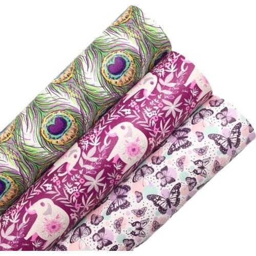 LEOsyntheticoDIY Peacock Tails Elephants Butterfly Printed Synthetic Faux Leather Vinyl Fabric Sheets Felt Backing 21X29CM 6S68B