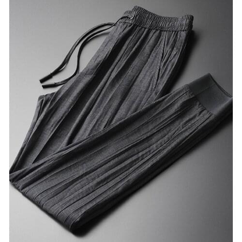 Classic Tencel Man Pants Plus Size 4xl Summer Natural Wrinkle Thin Fabric Skinny Pants Men Luxury Soft Silky Ankle-length Pants