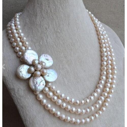 Classic Favorite Pearl Wedding Flower Necklace Triple Row 7-8mm White Round Freshwater Pearl Necklace Handmade Women Gift