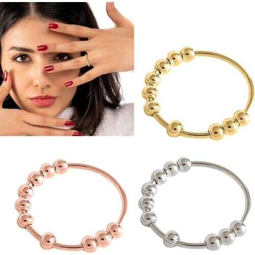 Girls Women Ring Rotating Ball Rings Sliding Decoration Ball Relieves Anxiety Street Gothic Dark Style Lady Metal Ring