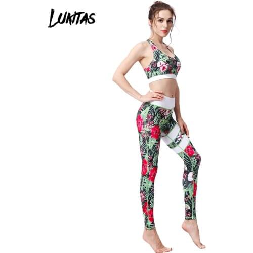 LUKITAS 2018 Fitness Women Gym Yoga Sets 2pcs Bra+Pant Sportswear Sexy Print High Elastic Breathable Running Training Sport Suit