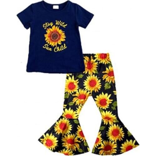 Baby Girls Children 2pieces Sets Casual Print Short Sleeve T-shirt And Fashion Pants Sets With Sunflower Print Girls Clothing