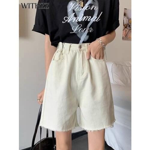 WITHZZ Summer Womens Loose Straight Wide Leg Jeans Female Denim Shorts