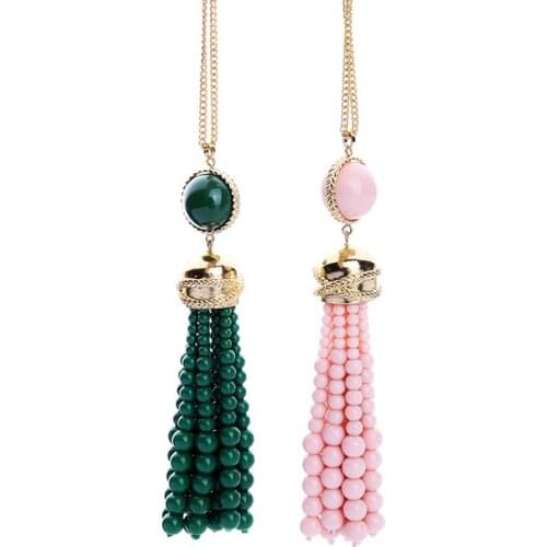 Bulk Price Green Pink Resin Beads Tassel Long Pendant Necklace For Women 2018 Necklace Fashion Jewelry Accessories