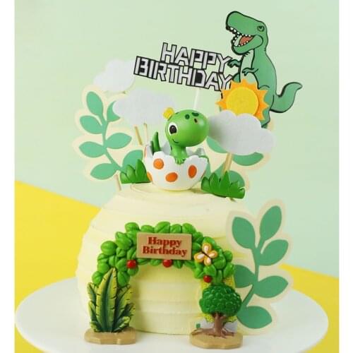 Lovely Dinosaur Eggshell Cartoon Baby Cake Topper Green leaf Arch Dino Collection Flags For Kids Boy Birthday Party Baking Gifts