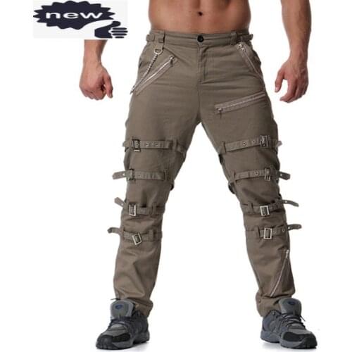 Men European Clothing Personality Bandage Cargo Chain Fake Zippers Casual Trousers Gothic Black Plus Size Mens Loose Pants