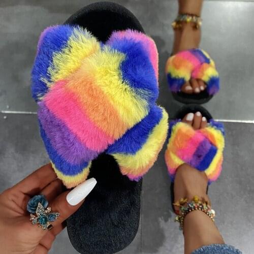 Womens 2021 New Fluffy Flat With Slipper Female Spring and Autumn Fuzzy Slippers Ladies Plush Color Home Slippers For Women