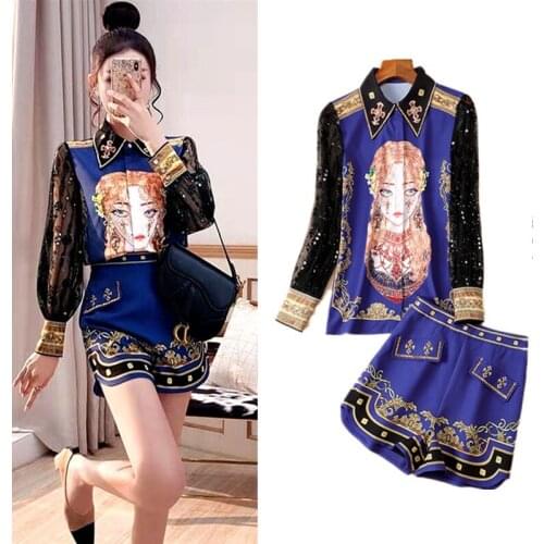 New womens spring and summer clothing suits fashion catwalk retro printing shirts lace sequins stitching tops shorts suitsNS651