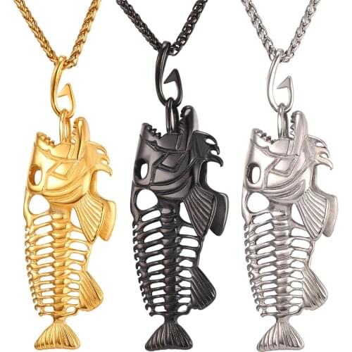 Gold/Black/Stainless Steel Color Fish Pendant Necklace For Men/Women Wholesale Gift Fish skeleton Jewelry GP754