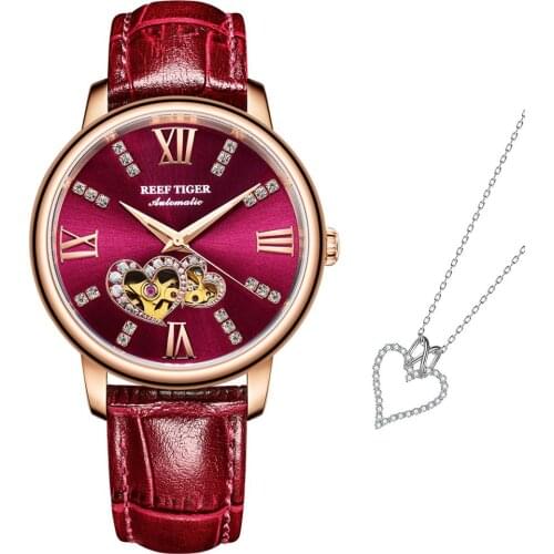Reef Tiger Luxury Rose Gold Red Automatic Fashion Women And Trendy Love Heart Necklace Set