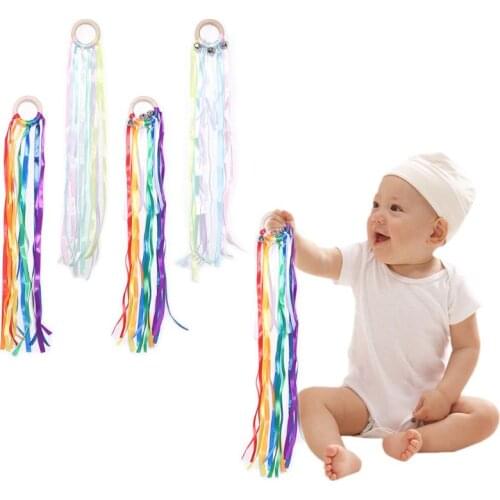 Rainbow Natural Wooden Ribbon Newborn Sensory Bell Toy Shower Gifts Dancing Prop, Best Christmas Gifts, for Infants and Toddlers