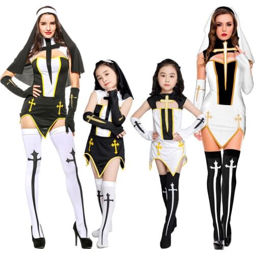Umorden Fantasia Family Sexy Nun Costume Role Play Cosplay for Women Girls Halloween Easter Purim Carnival Fancy Dress Stockings
