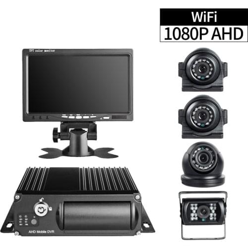 Remote Viewing 4CH 1080P Vehicle Mobile DVR Kit Audio/Video 256G Car Cycle Recorder with 4pcs AHD 2.0MP Camera and 7inch Monitor